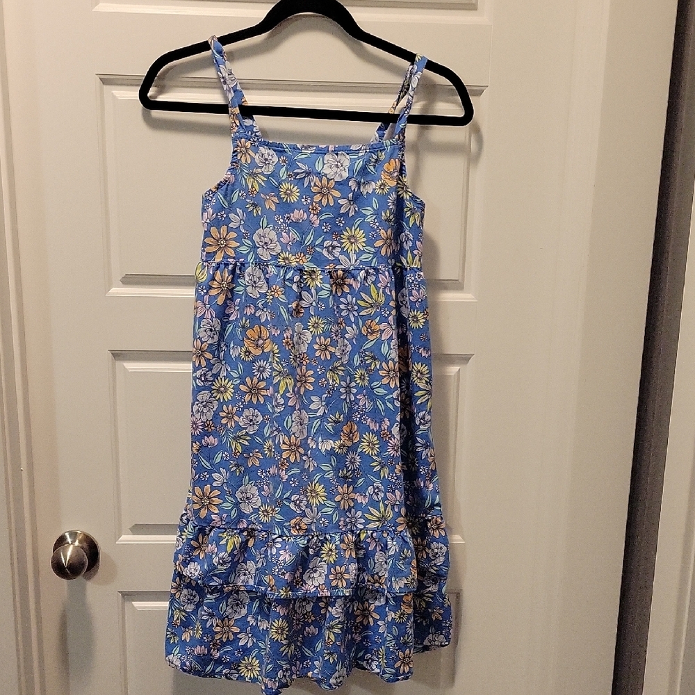 Old Navy Blue and White Ruffled Spaghetti Strap Dress